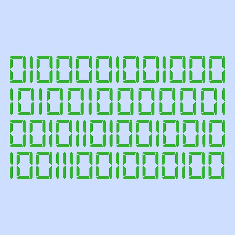 May include: Green digital numbers arranged in rows on a light blue background. The numbers are in a binary code format, with a combination of 0s and 1s. The overall design is clean and modern, suitable for tech-related themes.