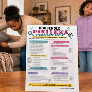 Puede incluir: Un formulario de papel blanco titulado HOUSEHOLD SEARCH & RESCUE DISCREPANCY REPORT con texto colorido e iconos que incluyen una lupa y una casa. El documento presenta varias secciones para rastrear artículos perdidos con casillas de verificación.