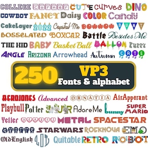 Peut inclure: Image présentant une collection de polices et d'alphabets. Le texte "250 VP3 Fonts & alphabet" est affiché en jaune dans un rectangle bleu foncé. Diverses polices de caractères sont présentées dans différentes couleurs.