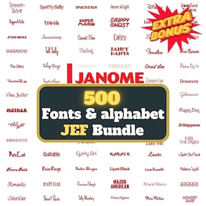 Może przedstawiać: Cyfrowy pakiet projektowy zawierający 500 czcionek i alfabetów, z tekstem "500 Fonts & alphabet JEF Bundle" na ciemnym tle. Obraz zawiera również różne przykłady czcionek i słowo "JANOME".