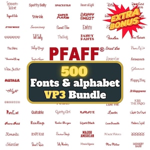 Può includere: Un pacchetto di design digitale con 500 caratteri e alfabeti, etichettato come "VP3 Bundle". L'immagine mostra una varietà di stili di carattere, con il logo "PFAFF" in evidenza. È inclusa anche una grafica "EXTRA BONUS".