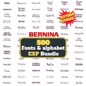 May include: A digital graphic design bundle featuring 500 fonts and alphabets. The image displays a variety of font styles, with the word "BERNINA" and "EXTRA BONUS" in red. The bundle is labeled "500 Fonts & alphabet EXP Bundle."