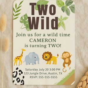 Two Wild 2nd Birthday Invitation | Safari Theme | Editable Canva Template | Jungle Animal Party | Instant Download | Digital Invite