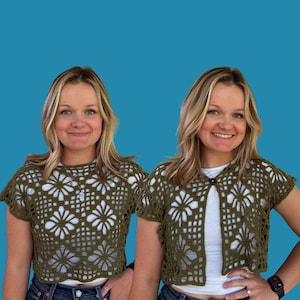 May include: Two images of a person wearing a green crochet top with a floral design. The top has short sleeves and a button closure. The person is wearing a white shirt underneath and blue jeans. The background is a solid teal color.