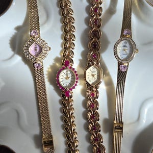 Vintage Gold Tone Gemstone Bracelet Watches – Ruby & Pink Crystal – Y2K Statement Jewelry Watch – Jules Jurgenson, Madison Gems, Fabergé