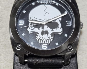 Nemesis Skull Cuff Watch | Genuine Leather Gothic Biker Watch | Y2K Alternative Fashion