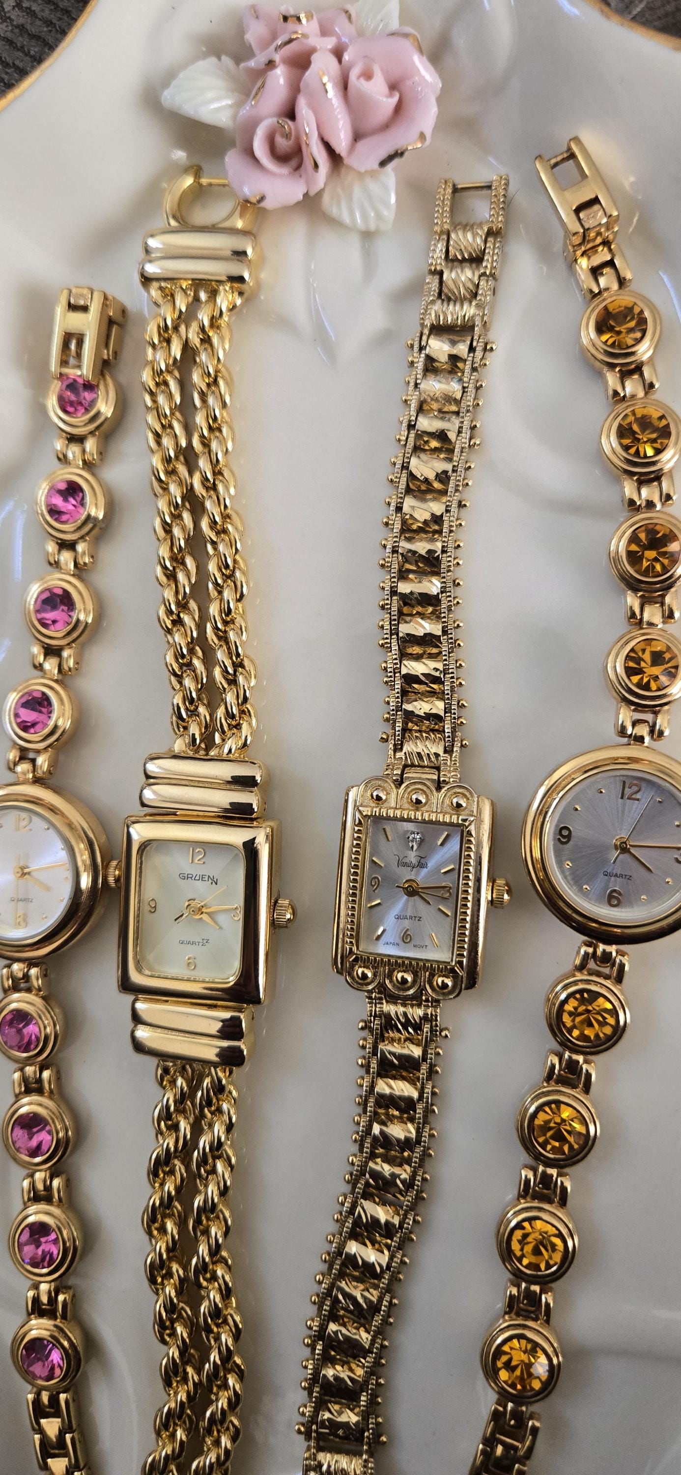 Vintage Gold Tone Bracelet Watches – Pink & Amber Crystal Glam – 90s ...
