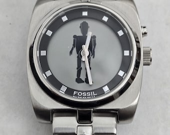 Vintage Y2K Fossil Big Tic Dancing Robot Watch Animated Dial Silver Tone Unique