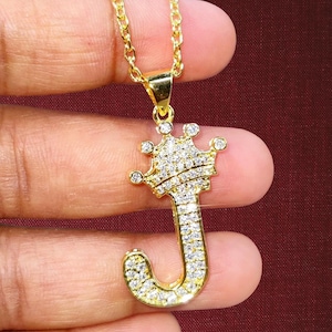 Crown Initial "J" Necklace, Simulated Diamond, 14K Yellow Gold Finish