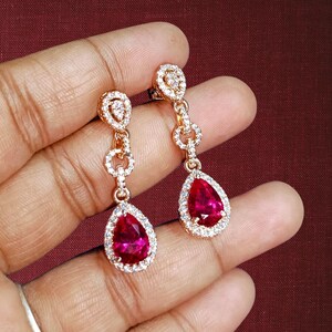 Pear Cut Simulated Ruby Drop& Dangle Earrings 14K Yellow Gold Finish 925 Sterling Silver Women's Birthday Gift