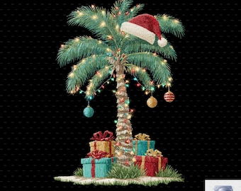 May include: A digital illustration of a palm tree decorated for Christmas. The tree features a Santa hat, fairy lights, and baubles. Presents are at the base of the tree. The background is black. Text at the bottom reads "Digital Download Only (No Physical Item)".