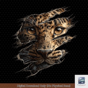 Puede incluir: Imagen de arte digital de la cara de un leopardo emergiendo de un fondo negro rasgado. El pelaje del leopardo es una mezcla de marrón y beige con manchas oscuras. Los ojos del leopardo son de un llamativo color ámbar. Incluye el texto "Digital Download Only (No Physical Item)".