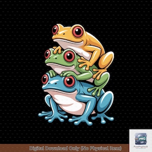 Può includere: Illustrazione digitale di tre rane dei cartoni animati impilate l'una sull'altra. La rana in basso è blu, quella centrale è verde e quella in alto è gialla. Tutte le rane hanno gli occhi rossi su sfondo nero.