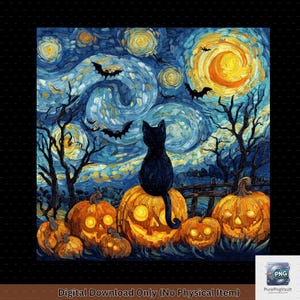May include: A digital art print featuring a black cat perched atop a glowing jack-o'-lantern, set against a swirling night sky with bats and a full moon. The artwork has a textured, painted appearance, with the text "Digital Download Only (No Physical Item)".