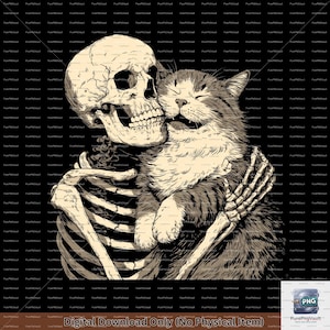 Skeleton Hugging Cat PNG, Halloween Cat Lover Clipart, Spooky Cat Digital Download, Gothic Skeleton Art, Creepy Cute Halloween Decor