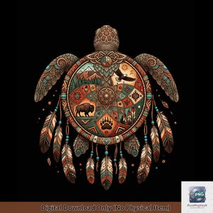 May include: A digital illustration of a sea turtle with a patterned shell featuring a mountain landscape, a flying eagle, a bison, and a bear paw print. The turtle is decorated with hanging feathers and beads in shades of brown, teal, and orange.