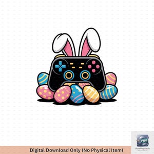 Könnte beinhalten: Ein schwarzer Videospiel-Controller mit blauen und rosa Knöpfen, gekrönt von weißen und rosa Hasenohren, sitzt auf einem Haufen bunter Ostereier. Die Eier sind mit verschiedenen Mustern und Farben verziert, darunter Rosa, Blau und Gelb.