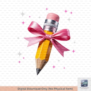 Kokette Bogen Bleistift PNG, Lehrer Schüler Clipart, Zurück in der Schule Digitaler Download, Erster Tag niedlichen Rosa Bogen, Klassenzimmer Dekor, Sublimation