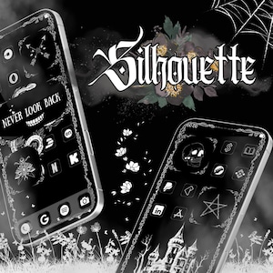 Peut inclure: Deux smartphones affichant un thème noir et blanc avec des icônes d'inspiration gothique et une bordure décorative. Le mot "Silhouette" est au centre, avec des accents floraux et de toile d'araignée. Un téléphone affiche le texte "Never Look Back".