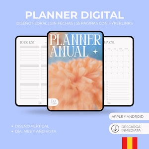 Puede incluir: Planificador digital con diseño floral. El planificador incluye una lista de tareas, un calendario mensual y un planificador anual. El texto en el planificador dice "Planner Digital" y "Planner Anual". Disponible para Apple y Android.