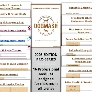 以下が含まれることがあります： Dogmash Breeder Planner、2026 Edition Pro-Series、16個のプロフェッショナルモジュール。表紙には、2匹の犬のシルエットが入ったDogmashのロゴがあります。プランナーには、繁殖、出産、子犬の社会化のセクションが含まれています。
