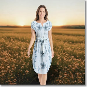 Blue Floral Midi Dress – V-Neck Summer Dress with Belt for Women