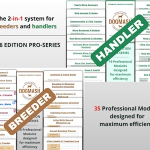 Puede incluir: Un sistema de planificación para criadores y adiestradores, la edición 2026 Pro-Series. La imagen muestra varios módulos, incluyendo resúmenes de espectáculos, listas de verificación y registros de cría. El planificador está diseñado para la máxima eficiencia, con 19 y 35 módulos profesionales.