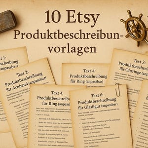 Könnte beinhalten: Ein Bild mit Etsy-Produktbeschreibungs-Vorlagen. Der Text lautet "10 Etsy Produktbeschreibungen vorlagen." Mehrere gealterte Papierblätter sind zusammengeclipst, jedes mit einem Titel wie "Text 1: Produktbeschreibung für Kette." Ein USB-Stick und ein Steuerrad sind sichtbar.