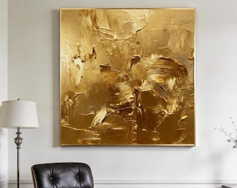 Abstrakt guldmålning, texturerad modern väggdekor, neutral minimalistisk konst, samtida kanvaskonstverk för vardagsrum
