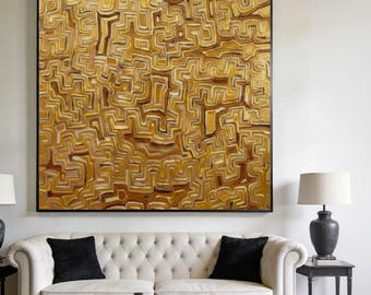 Large Golden Canvas Painting, Abstract Gold Leaf Texture, Minimalist Wall Art