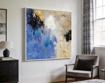 Original Abstraktes handgemaltes Gemälde mit Blattgold, Blau und Grau, moderne Kunst, Leinwand Kunstwerk für Wohnzimmer, zeitgenössische Wandkunst