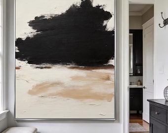 Zwart en beige getextureerde abstracte muurkunst minimalistische abstracte schilderkunst hedendaagse zwartbeige abstracte kunst minimalistische beige muurdecoratie