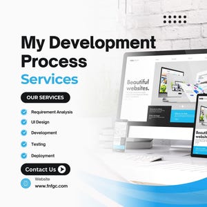 Custom web application development process including requirement analysis, UI design, development, testing, and deployment of business software.