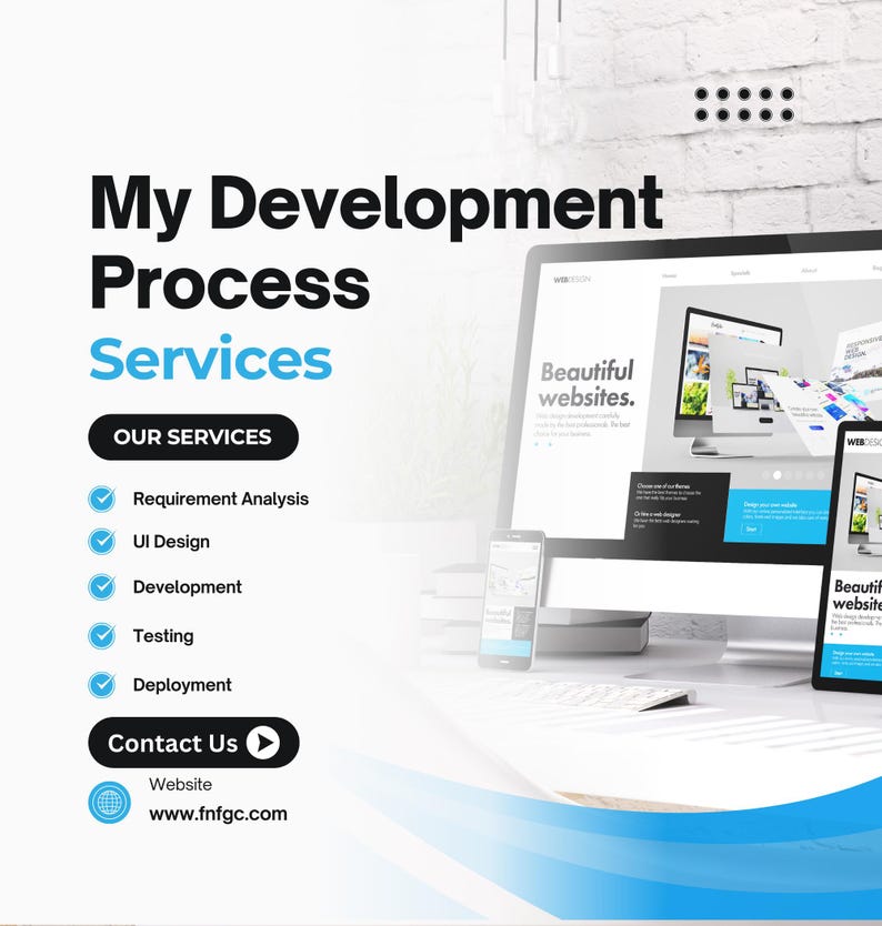 Custom web application development process including requirement analysis, UI design, development, testing, and deployment of business software.