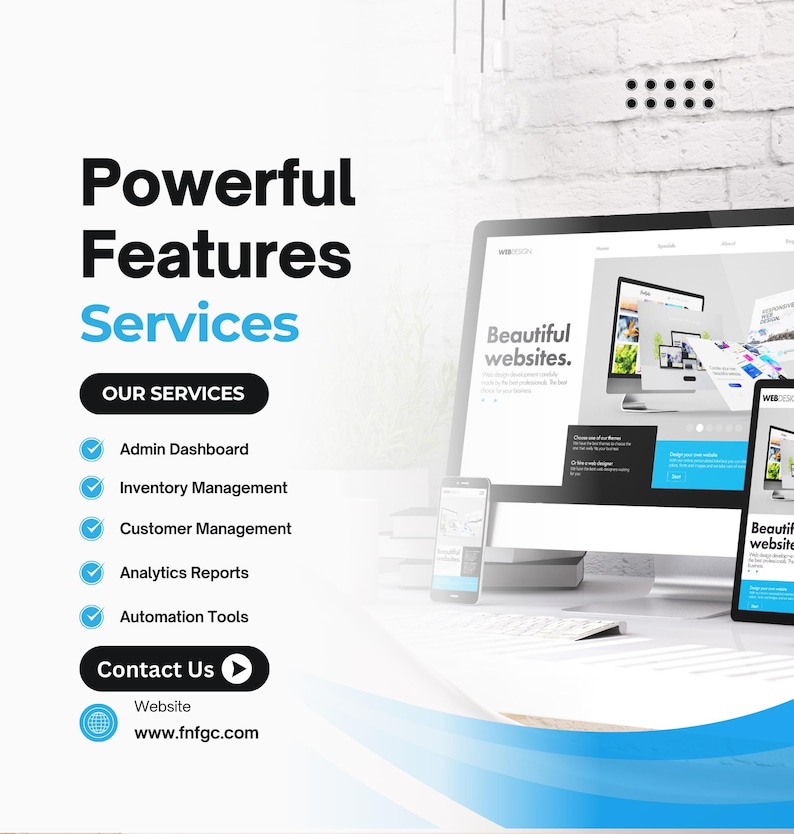 Advanced web application features including admin dashboard, inventory management system, customer management, analytics reports, and automation tools.