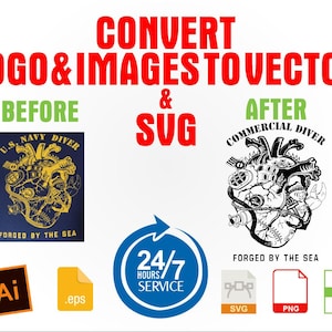 May include: An image advertising a logo and image conversion service to vector and SVG formats. It features a before-and-after comparison of a diver graphic, file format icons, and a 24/7 service badge. Text includes "CONVERT LOGO & IMAGES TO VECTOR & SVG".