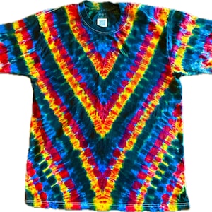 XL Vortex V Tie-Dye Shirt – Hand-Dyed Unisex Tee with Bold Chevron Pattern in Rainbow Colors | Unique Artwear by Counter Couture