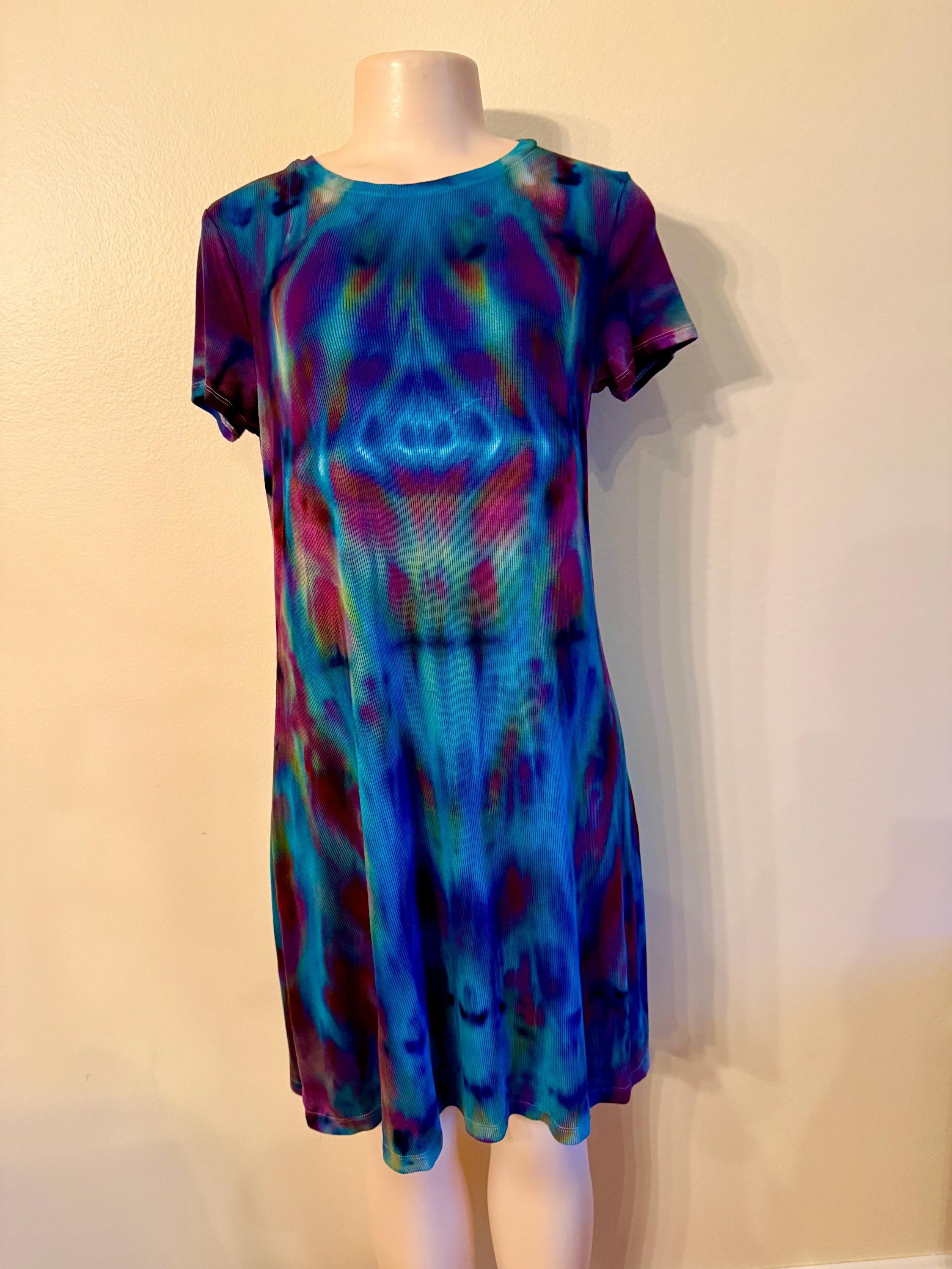 S Midnight Bloom Tie-Dye Dress – Hand-Dyed Swing Dress in Teal, Purple & Red | Unique Festival Artwear by Counter Couture Tie Dye
