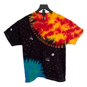 L Hand-Dyed Space Burst Tie-Dye Shirt – Vivid Solar Flare & Nebula with Hand-Painted Galaxy Scene | Unique Cosmic Wearable Art