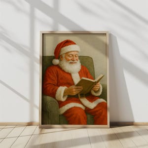 Santa Claus Reading Book Wall Art – Cozy Vintage Christmas Printable | Holiday Home Decor | Winter Santa Poster for Living Room