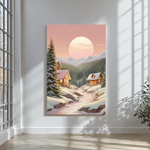 Winter Cabin Print: Snowy Mountain Landscape, Nordic Christmas Decor (Digital Download