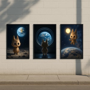 Labubu Wall Art Set of 3 – Digital Prints | Kawaii Galaxy Poster | Labubu Earth Art | Plush Character Printable | Cute Room Decor |Space art