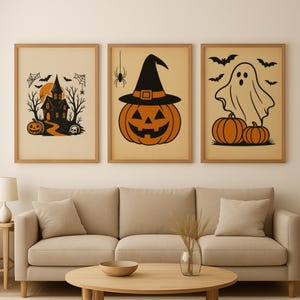 Vintage Halloween Wall Art Prints: Haunted House, Ghost, Pumpkin (Digital Download)