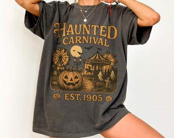 Camiseta vintage de Halloween de carnaval embrujado, camiseta gráfica retro espeluznante de Halloween Y2K, camiseta de terror, regalo, camiseta unisex de gran tamaño y colores cómodos.