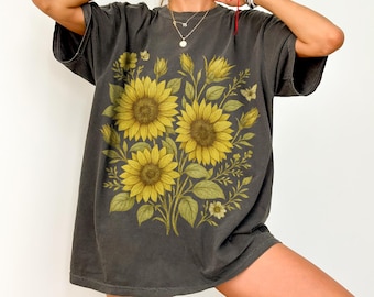 Camiseta vintage de girasoles estilo cottagecore, top veraniego extragrande con estampados, camiseta con flores botánicas, regalo para amantes de la naturaleza, camiseta floral, camisa con colores cómodos