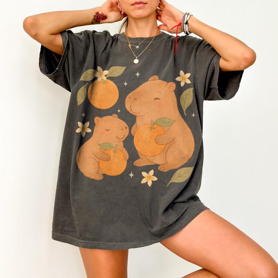 Vintage Unisex Cottagecore Capybara Tee, Oversized Retro Graphic Summer Top, Orange Lover Gift, Aesthetic Fruit Tshirt, Comfort Colors Shirt