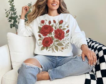 Vintage Cottage Core Roses Sweatshirt, Oversized Retro Y2k Christian Floral Pullover for Flower Lover Gift, Unisex Comfort Colors Sweatshirt
