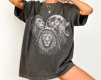 Vintage Unisex Lion Tee, Oversized Graphic Summer Top, Cat Lover Gift, Aesthetic Animal Tee, Comfort Colors Shirt, Moonlit Retro Lion Tshirt