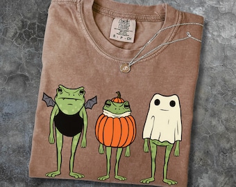 Camiseta vintage de rana de Halloween, camiseta con gráfico de rana fantasma de calabaza espeluznante, camiseta retro divertida de rana, regalo estético de otoño, camiseta de colores cómodos