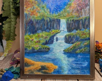 Moonlit Mermaid Cove Watercolor Painting, Fantasy Waterfall Art, 7x10"